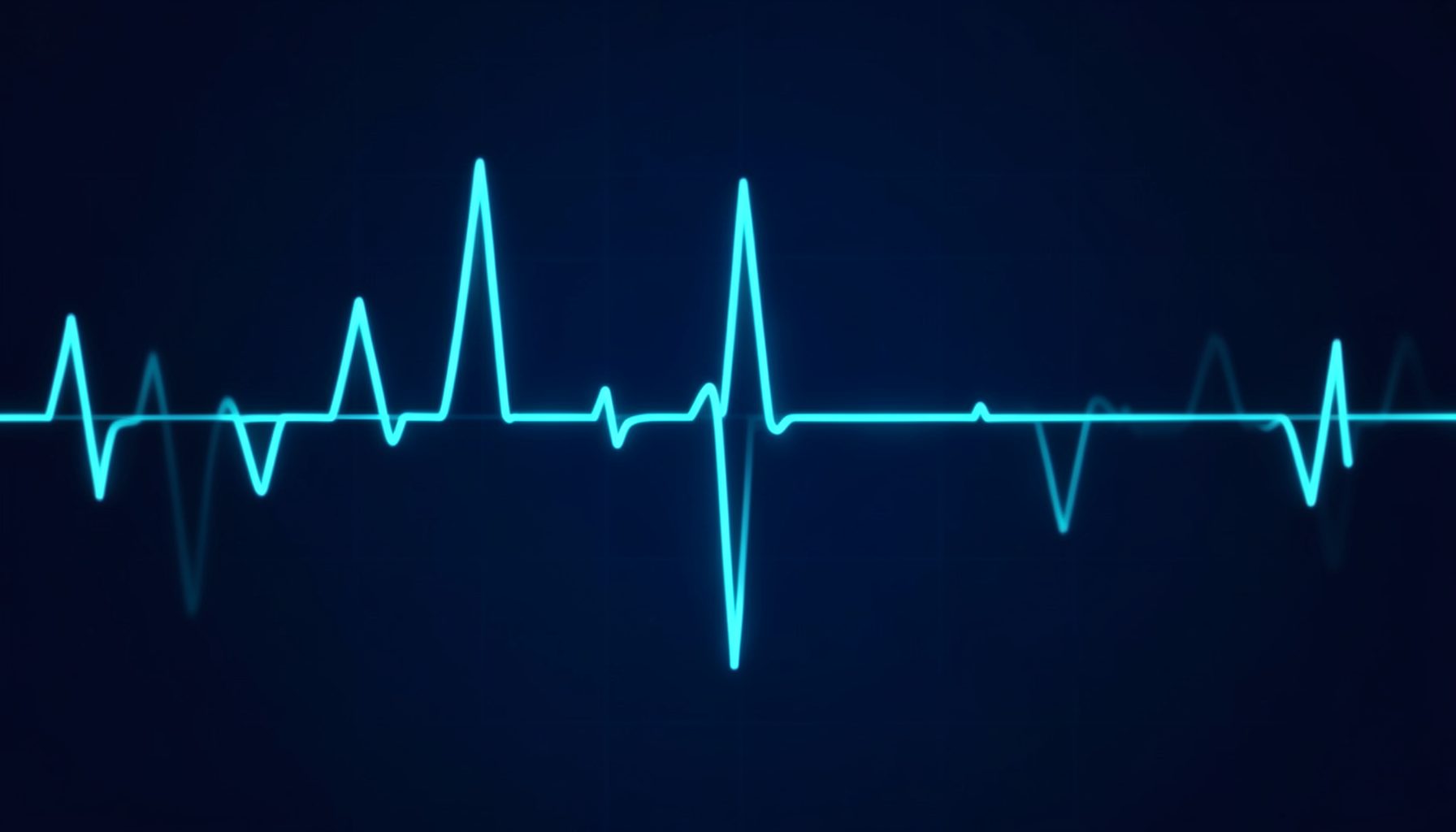 Dark blue background with subtle electrocardiogram waveform lines in bright cyan, conveying a clinical cardiology research atmosphere
