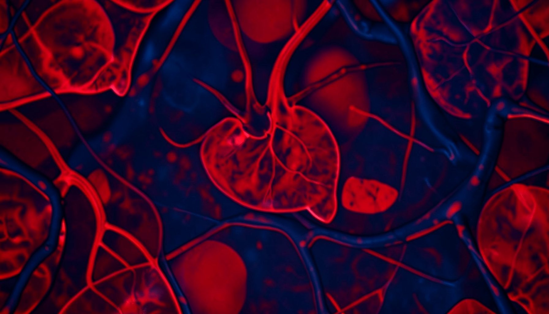 Deep red and dark blue abstract pattern evoking cardiac device implantation themes