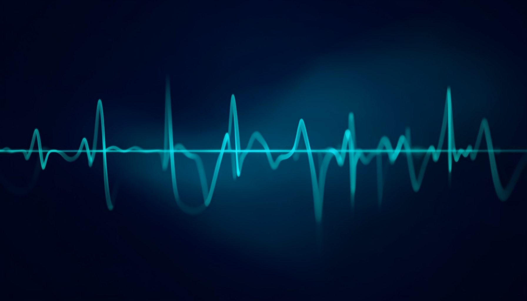 Abstract medical background with deep navy and teal tones, soft gradient waves suggesting cardiac rhythm patterns