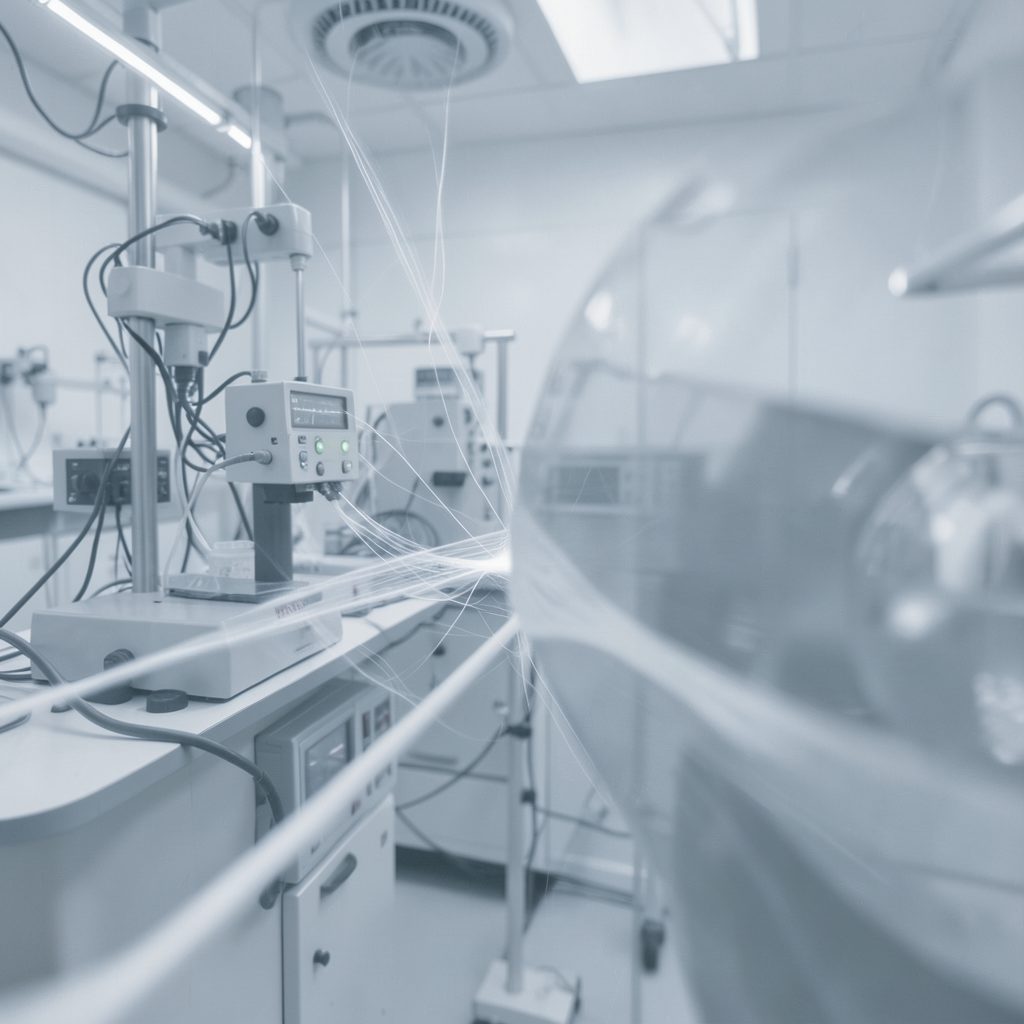 Soft gray-blue abstract imagery evoking electrophysiology laboratory setting