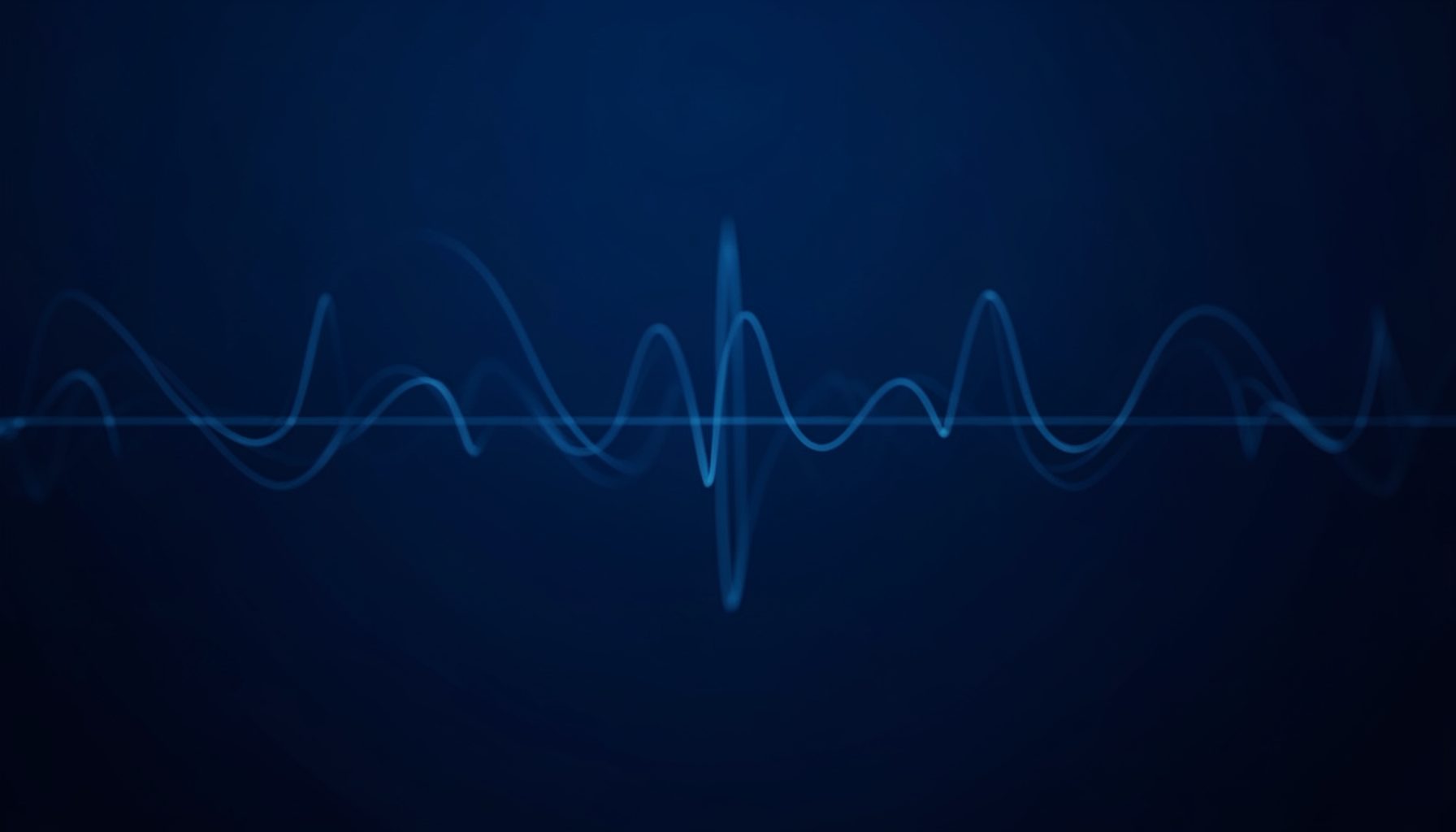 Dark blue abstract background with subtle wave-like patterns suggesting cardiac rhythm traces, conveying a calm clinical atmosphere.